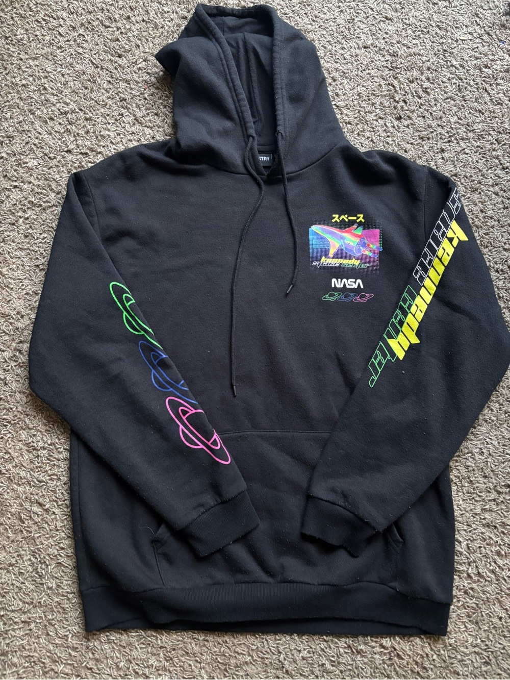 Black NASA Graphic Hoodie with Neon Space Prints